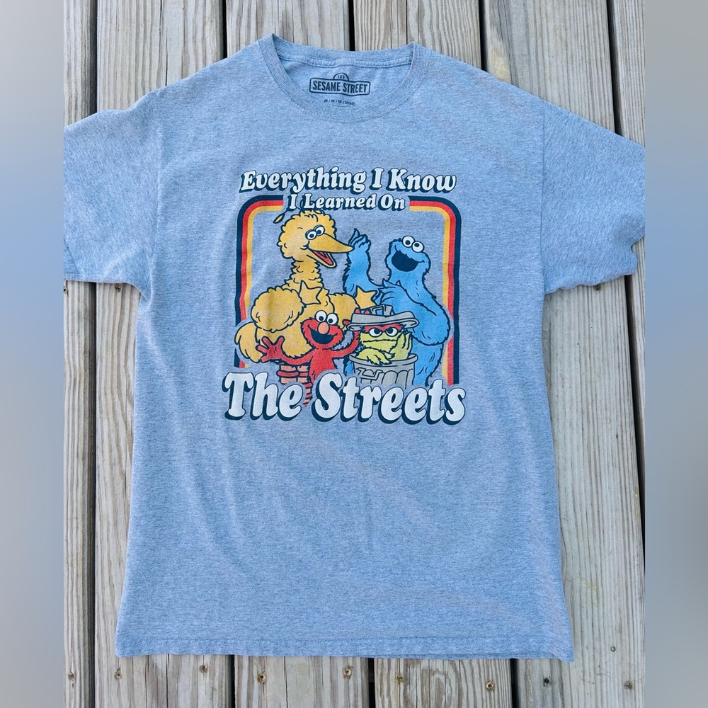 Men's 'Everything I Know I Learned On Sesame Street' Light Grey T-shirt Size MED